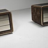 Pair of brass and suede bedside tables by RUF International, 1970.