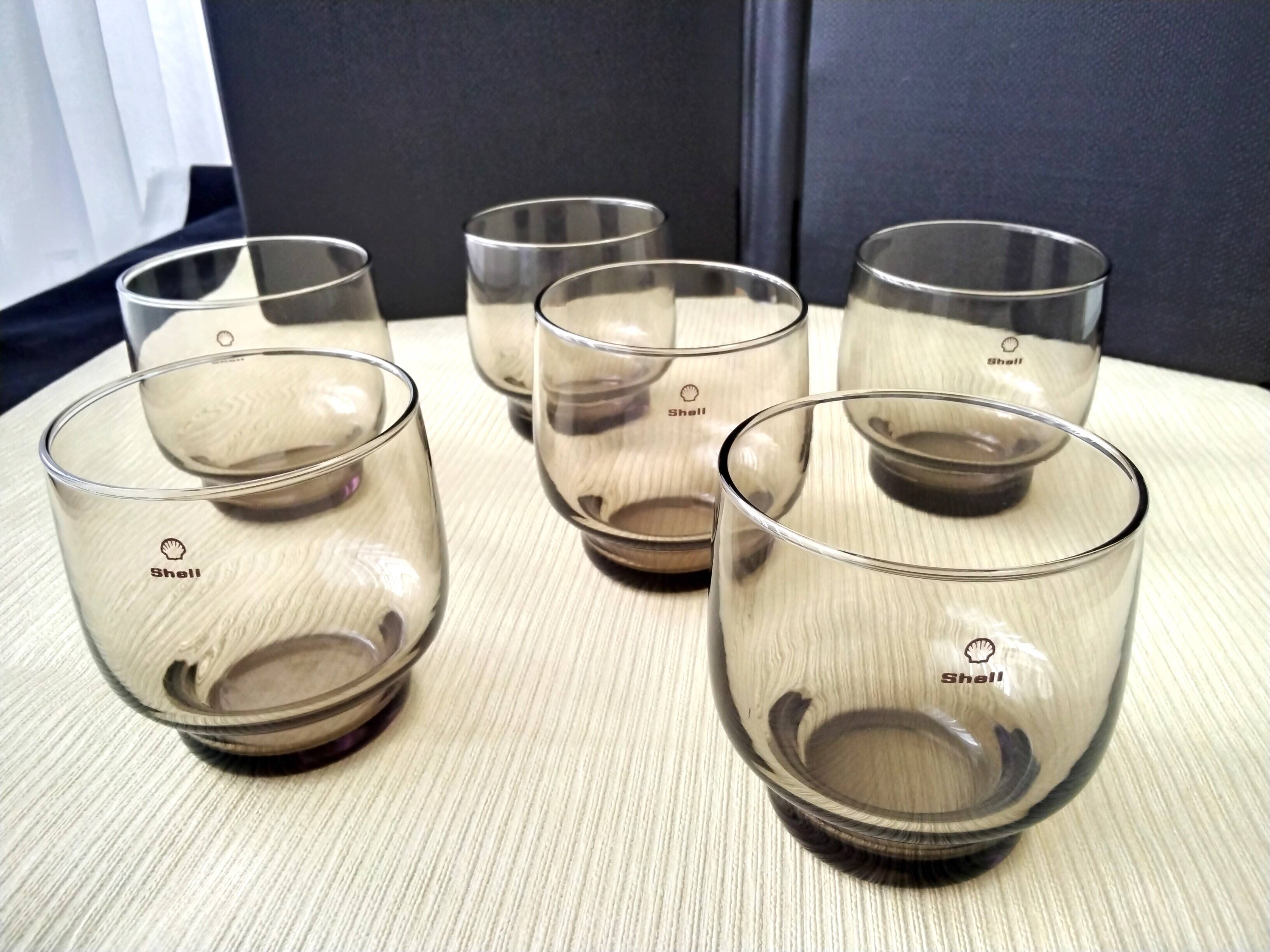 6 Vintage Shell Smoked Glass Glasses