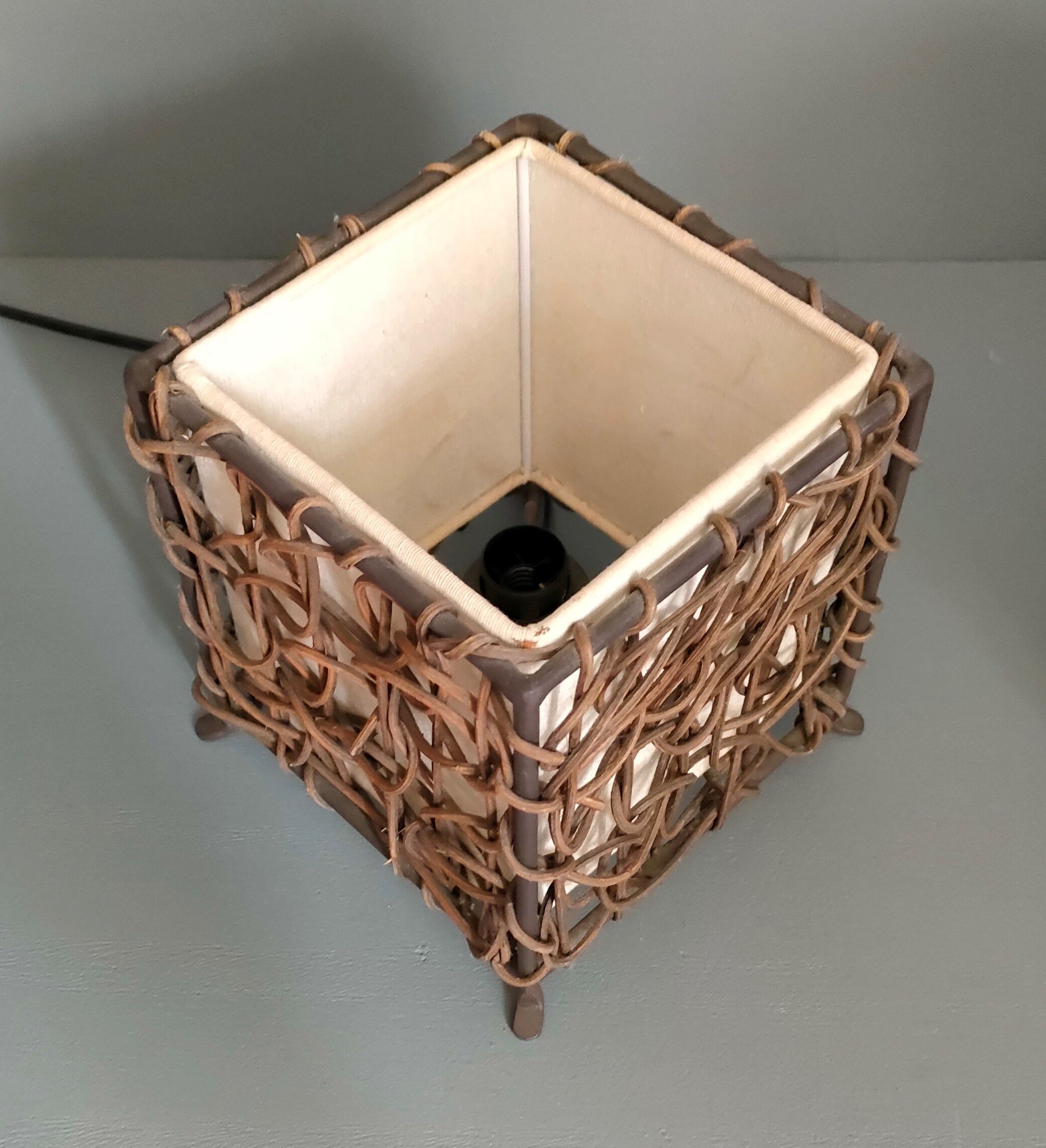 Pair of ethnic table lamps - braided water hyacinth roots, wrought iron, cotton