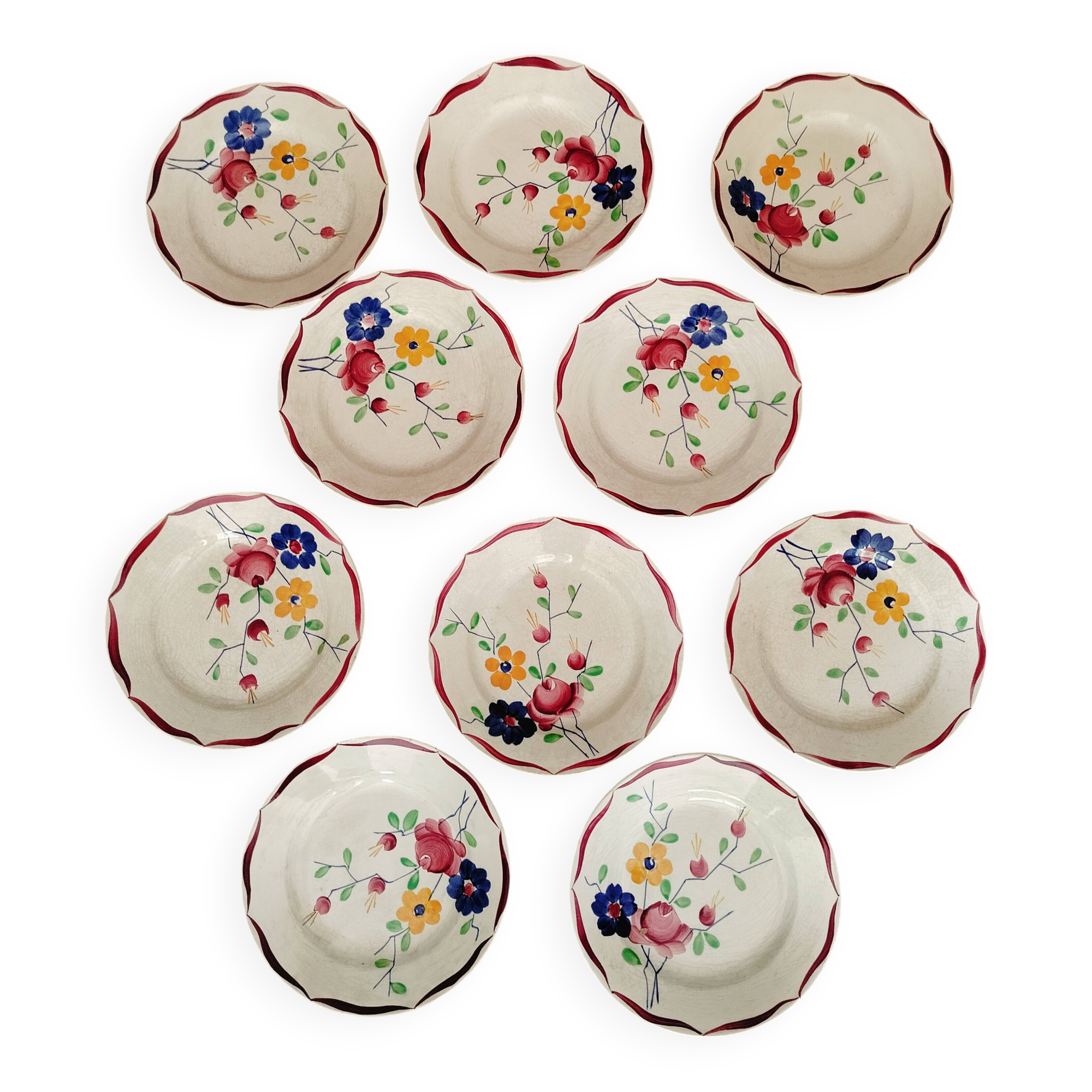 Set of 10 Gien flat plates with floral decoration