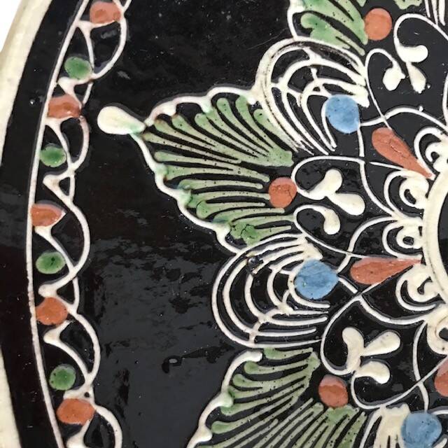 Vintage terracotta dish with enamelled geometric decoration, 20th century