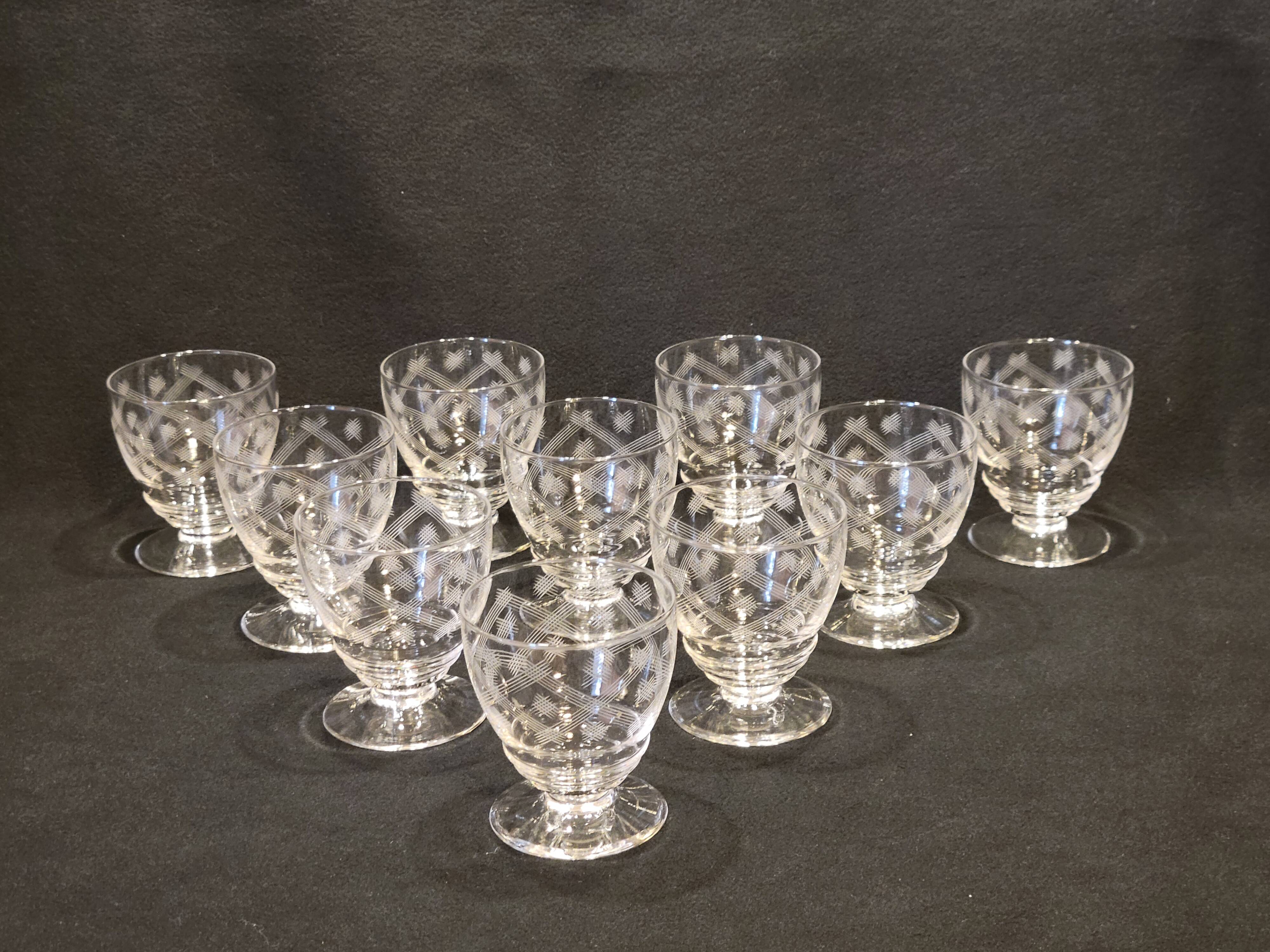 10 old port wine glasses in engraved art deco chiseled crystal