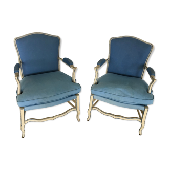 Pair of painted wooden Provençal style armchairs and fabric