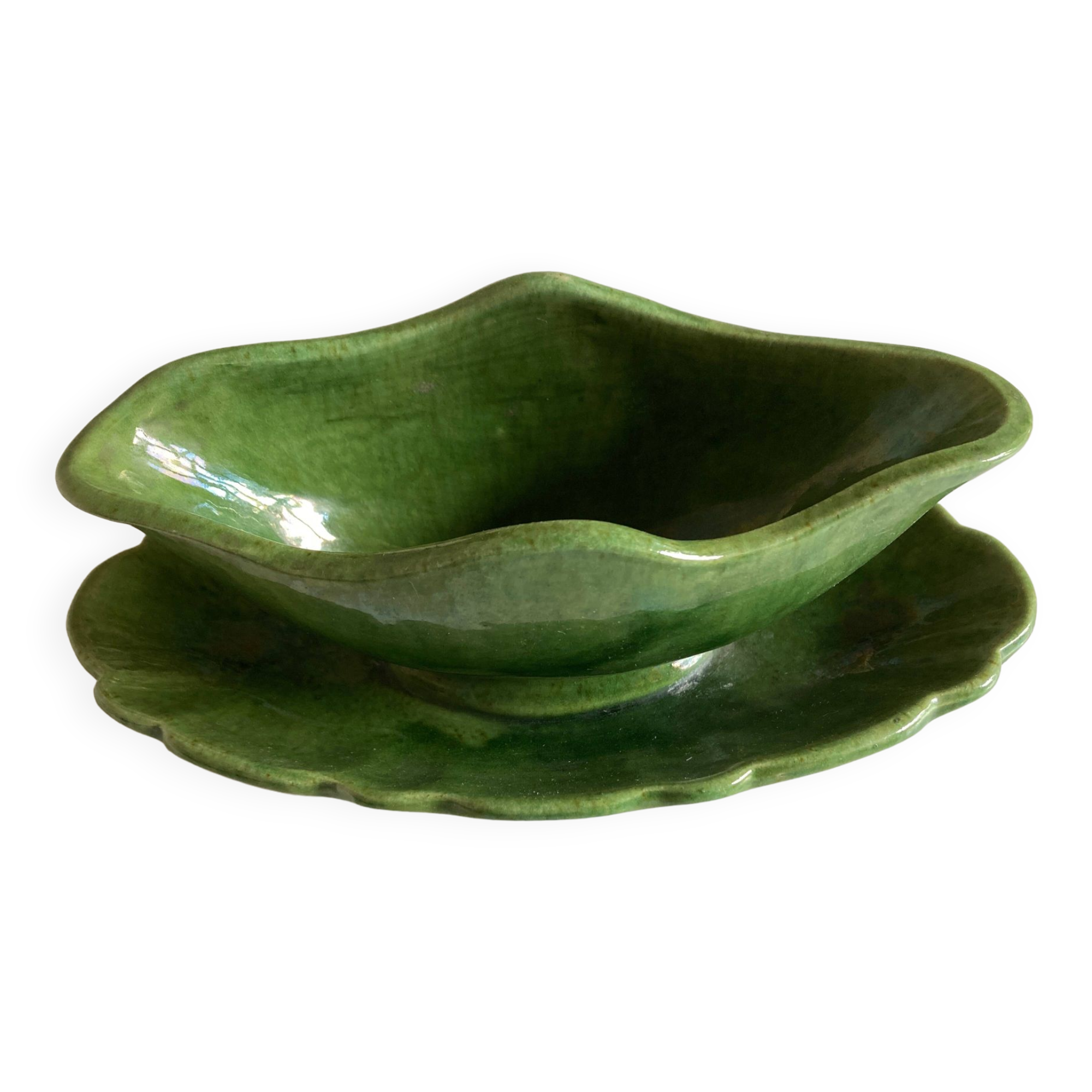 Glazed clay sauce with neoclassical festoons Aegitna Vallauris 1950