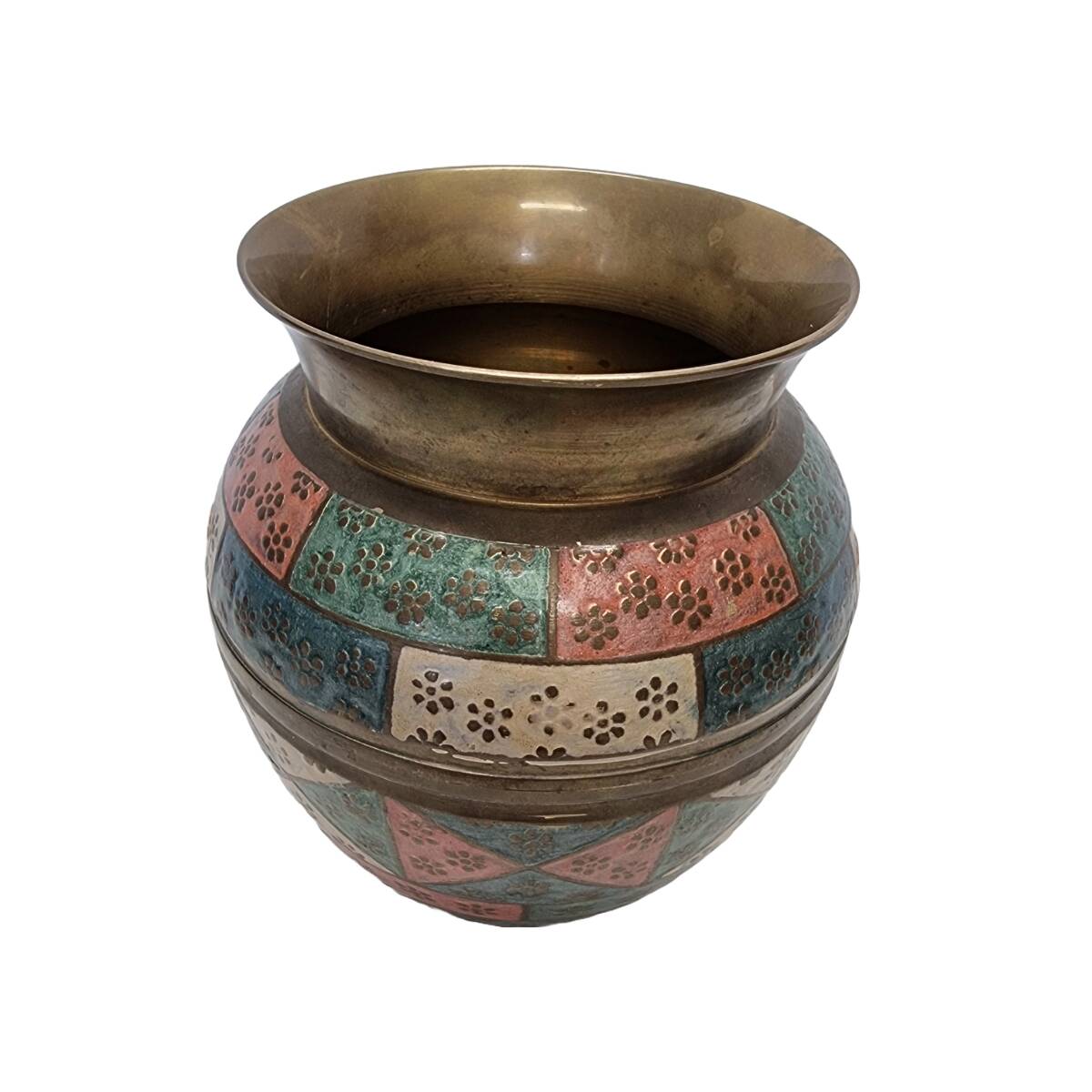 Painted Brass Vase From India, 1970s