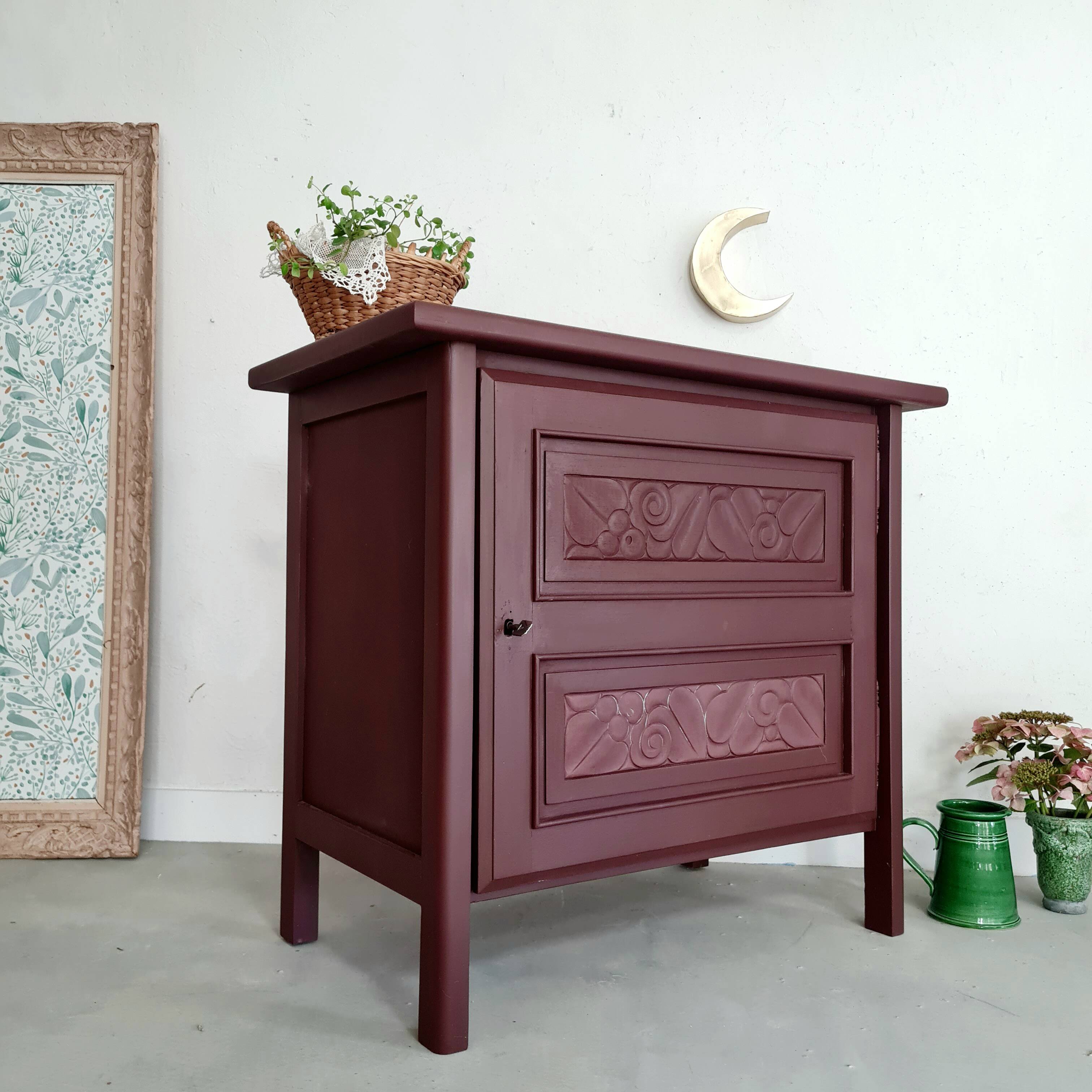 Bahut old art deco flowers garnet pink