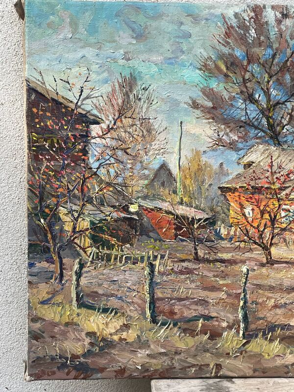 Huile sur toile /couteau, hameau de campagne, signature à identifier