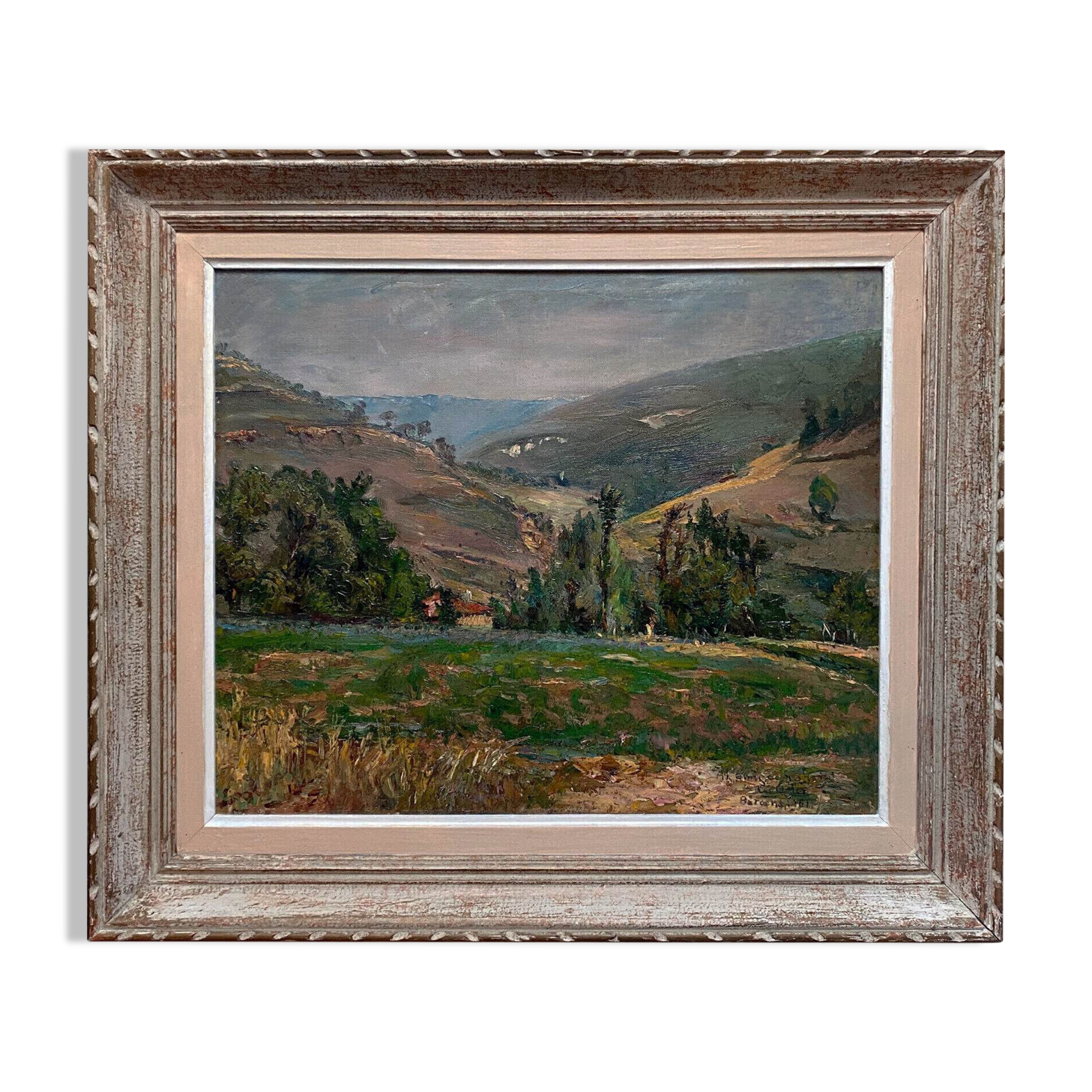 Painting "Hilly landscape" 1961 signed (to decipher) + frame