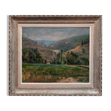 Painting "Hilly landscape" 1961 signed (to decipher) + frame