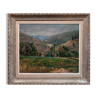 Painting "Hilly landscape" 1961 signed (to decipher) + frame