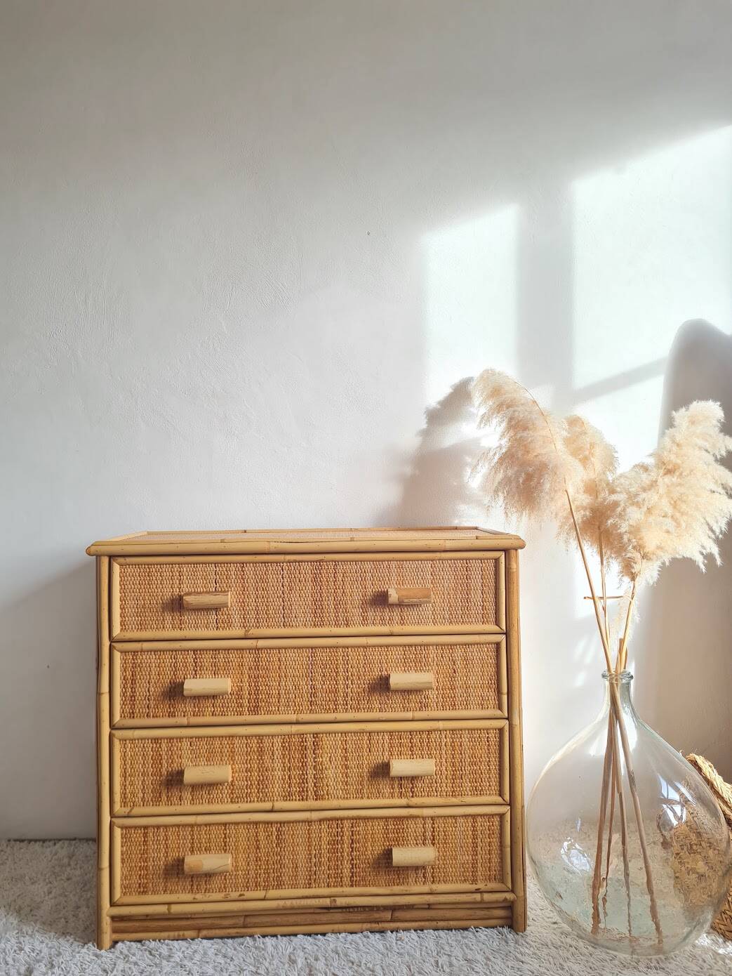 Vintage rattan chest of drawers from the 1970s.