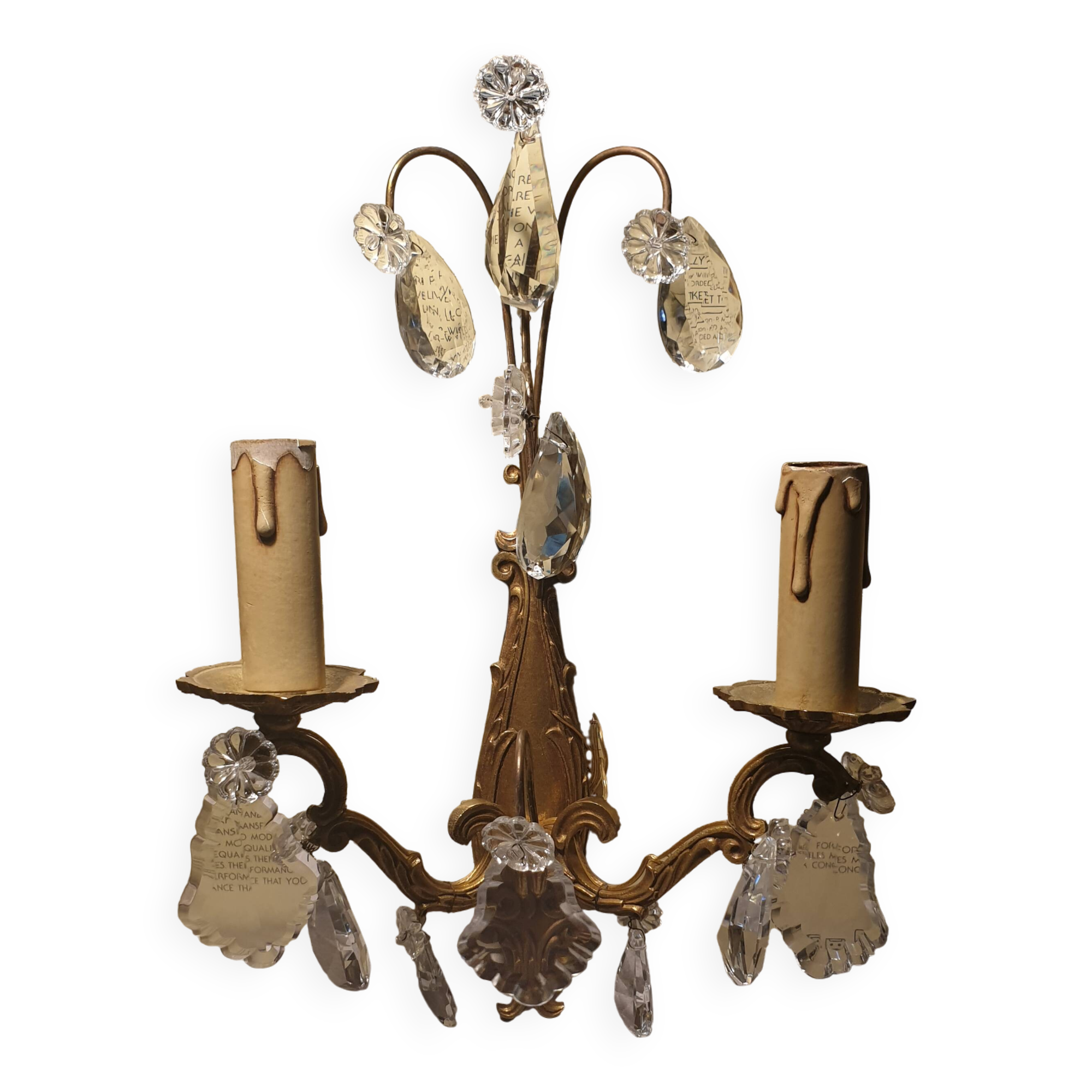 1 crystal prism wall light with 2 lights. Brass frame