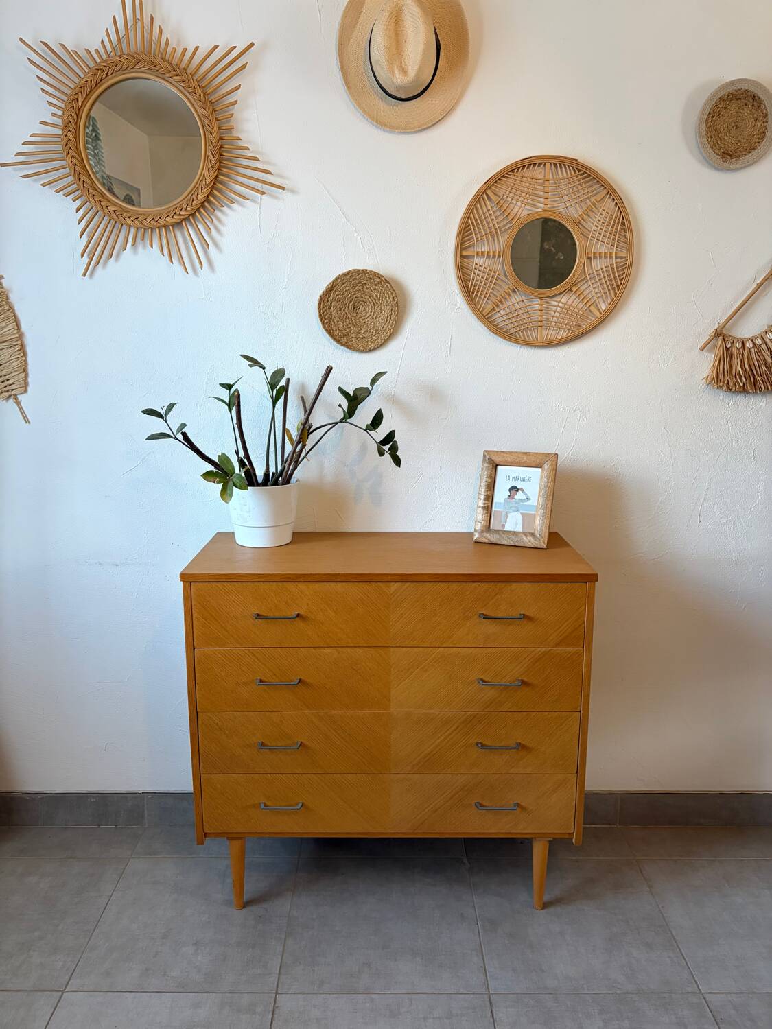 Vintage oak chest of drawers from the 1960s.