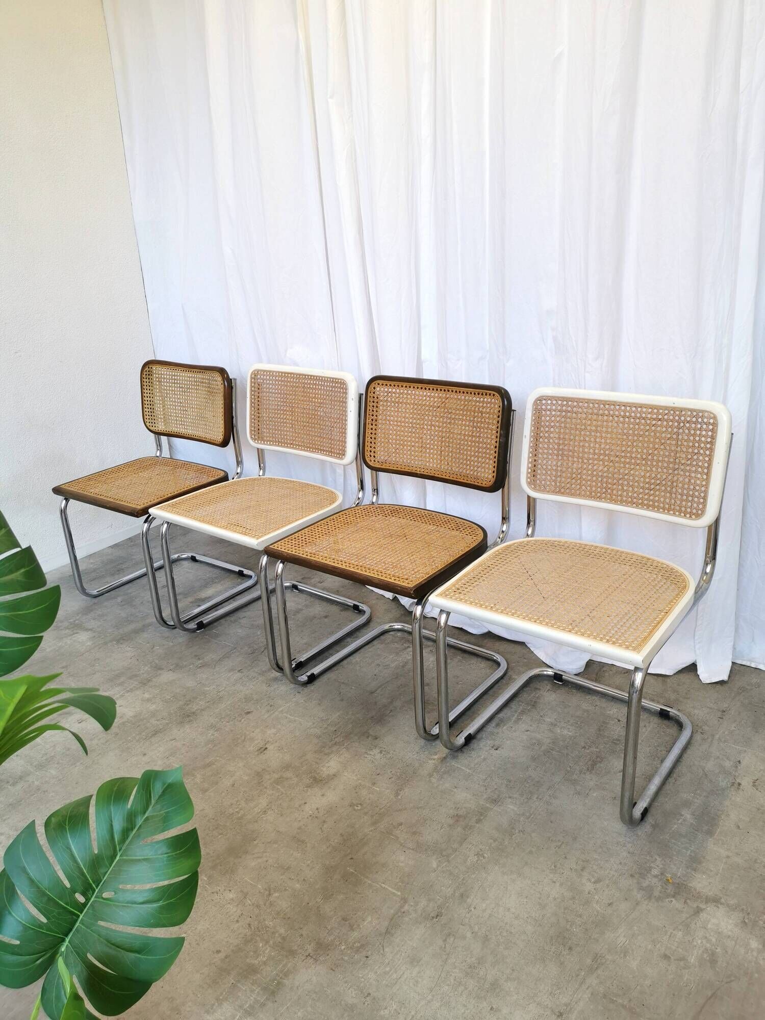 Set of 4 vintage cesca dining chairs / 2 brown 2 white / cane seat mid-century