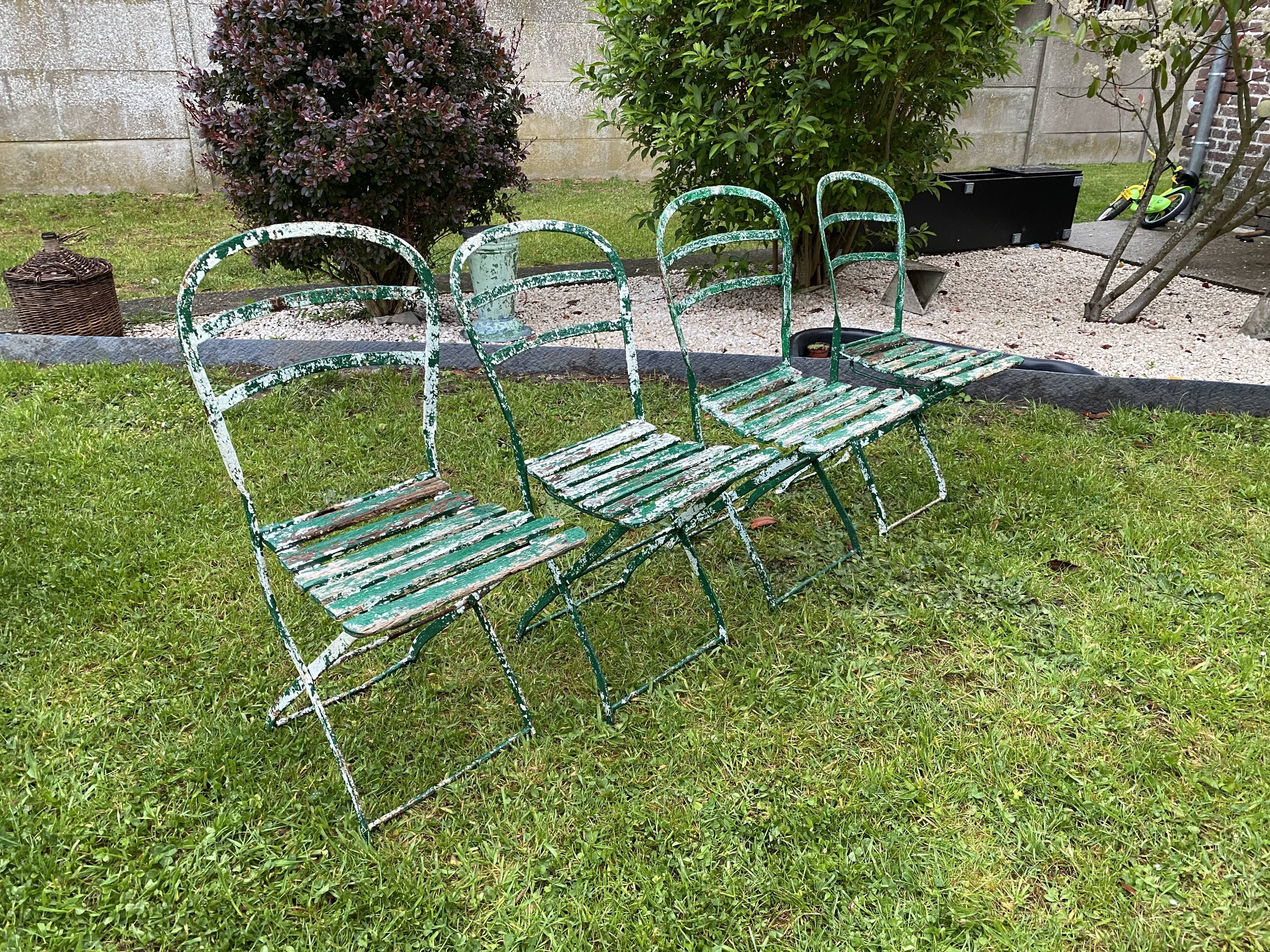 4 metal and wood garden chairs 1930