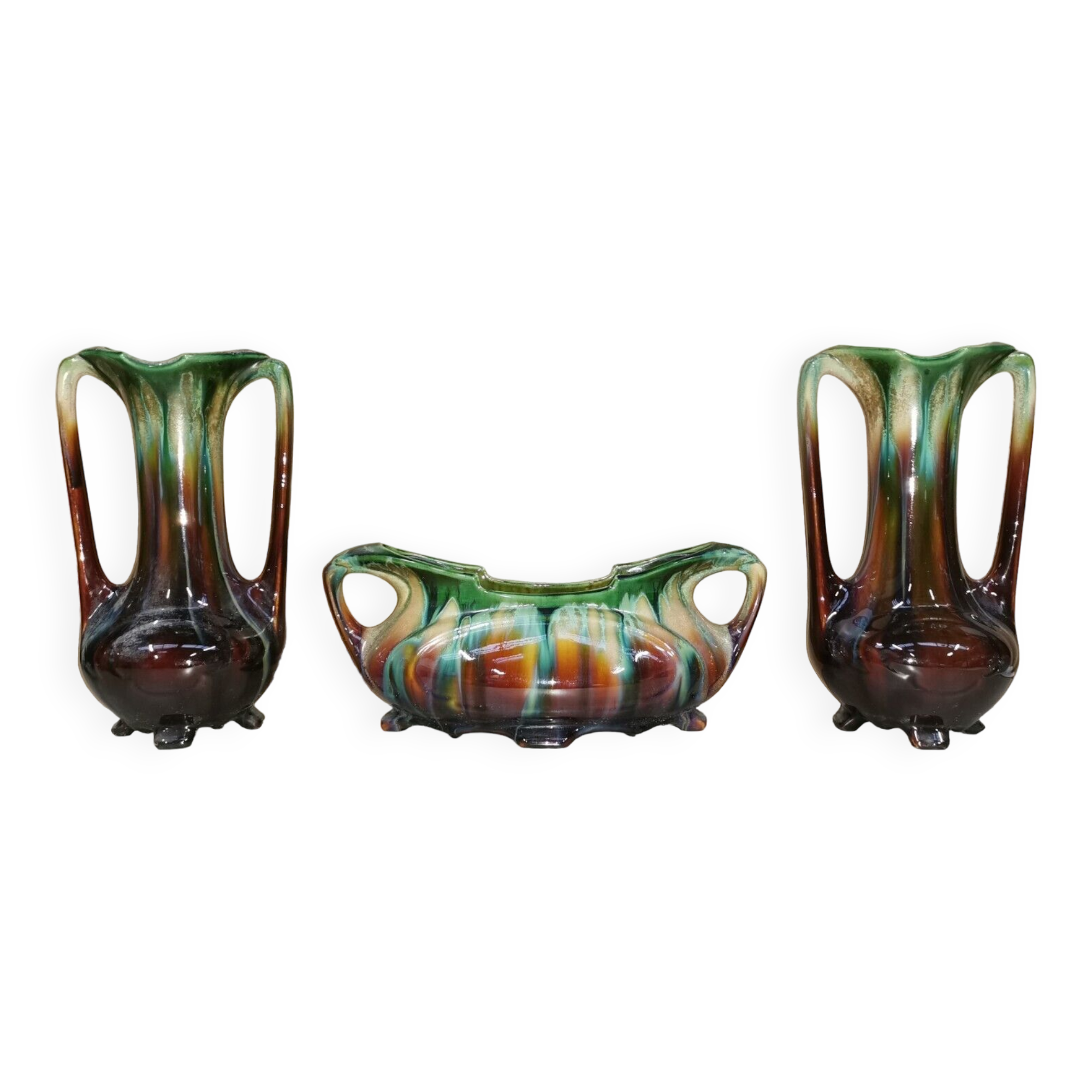 Pair of Vases + Art Nouveau Planter Slip / Faience BELGIUM