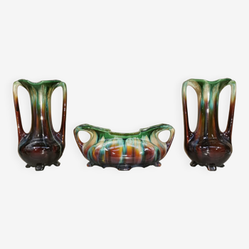 Paire de Vases + Jardinière Art Nouveau Barbotine / Faience BELGIUM