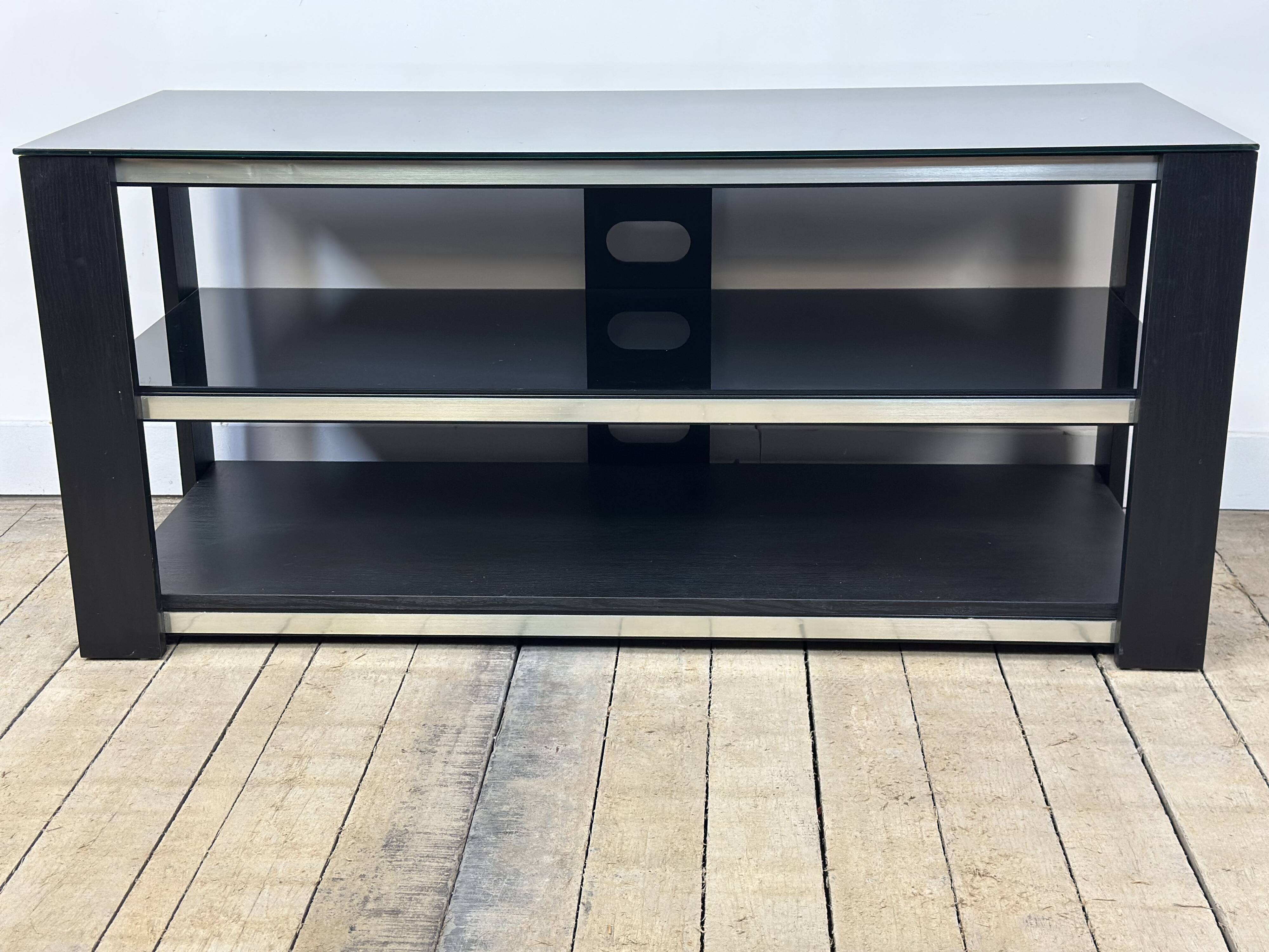 Tv hi-fi unit in black melamine and brushed aluminium, vintage 80s.