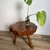 Brutalist coffee table, elm slice, tripod, 1960s