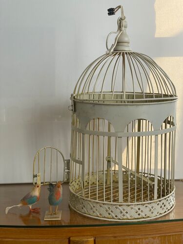 Cage à oiseaux transformé en lampe métal blanc