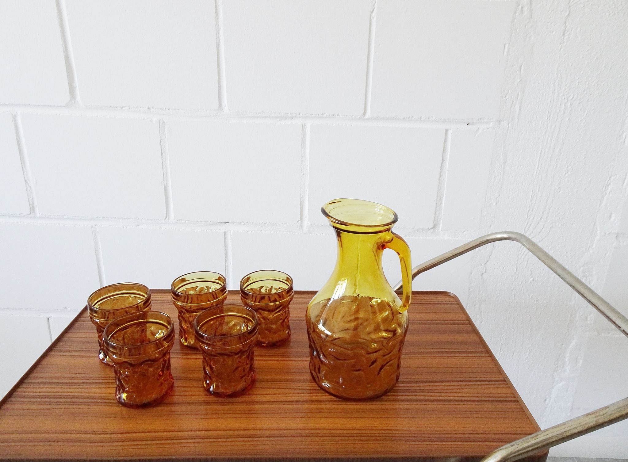 Amber glasses with carafe, italian drinking set 70s