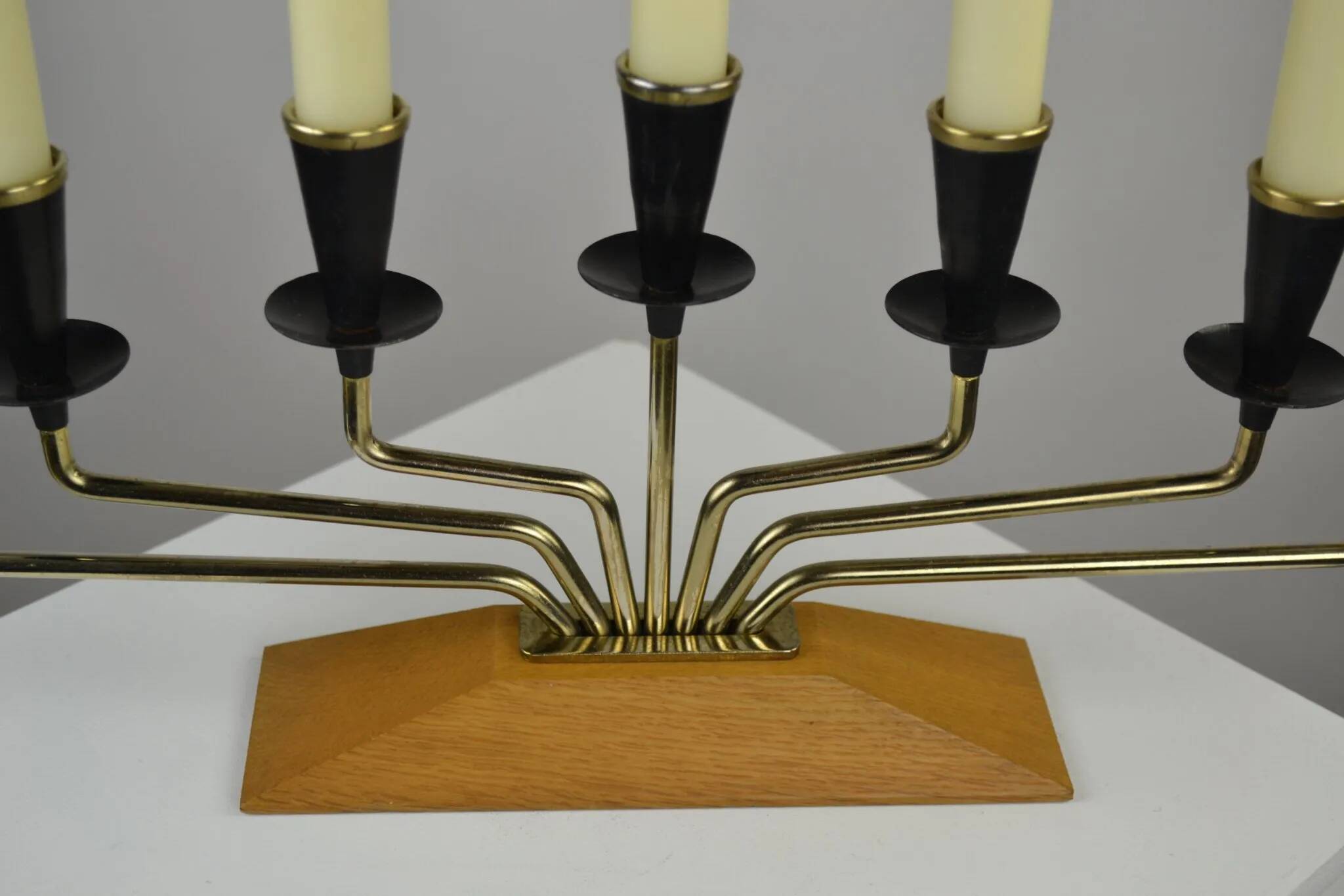 Brass, Black Painted Metal and Teak Candelabra by Gunnar Ander for Ystad-Metall, Sweden, 1960s
