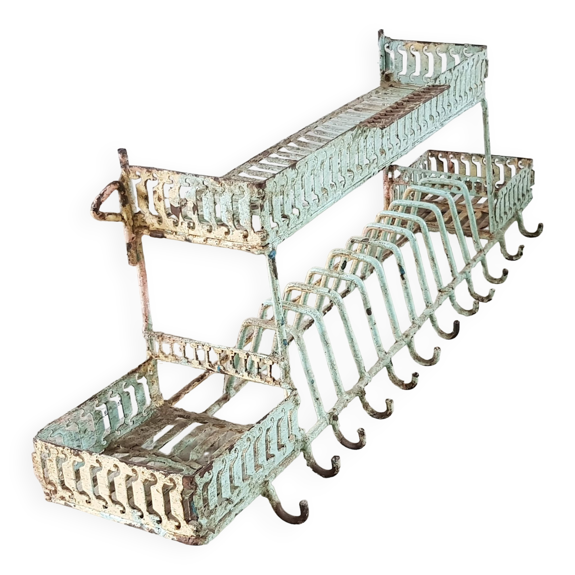 Old wall shelf - metal drainer with its original green patina