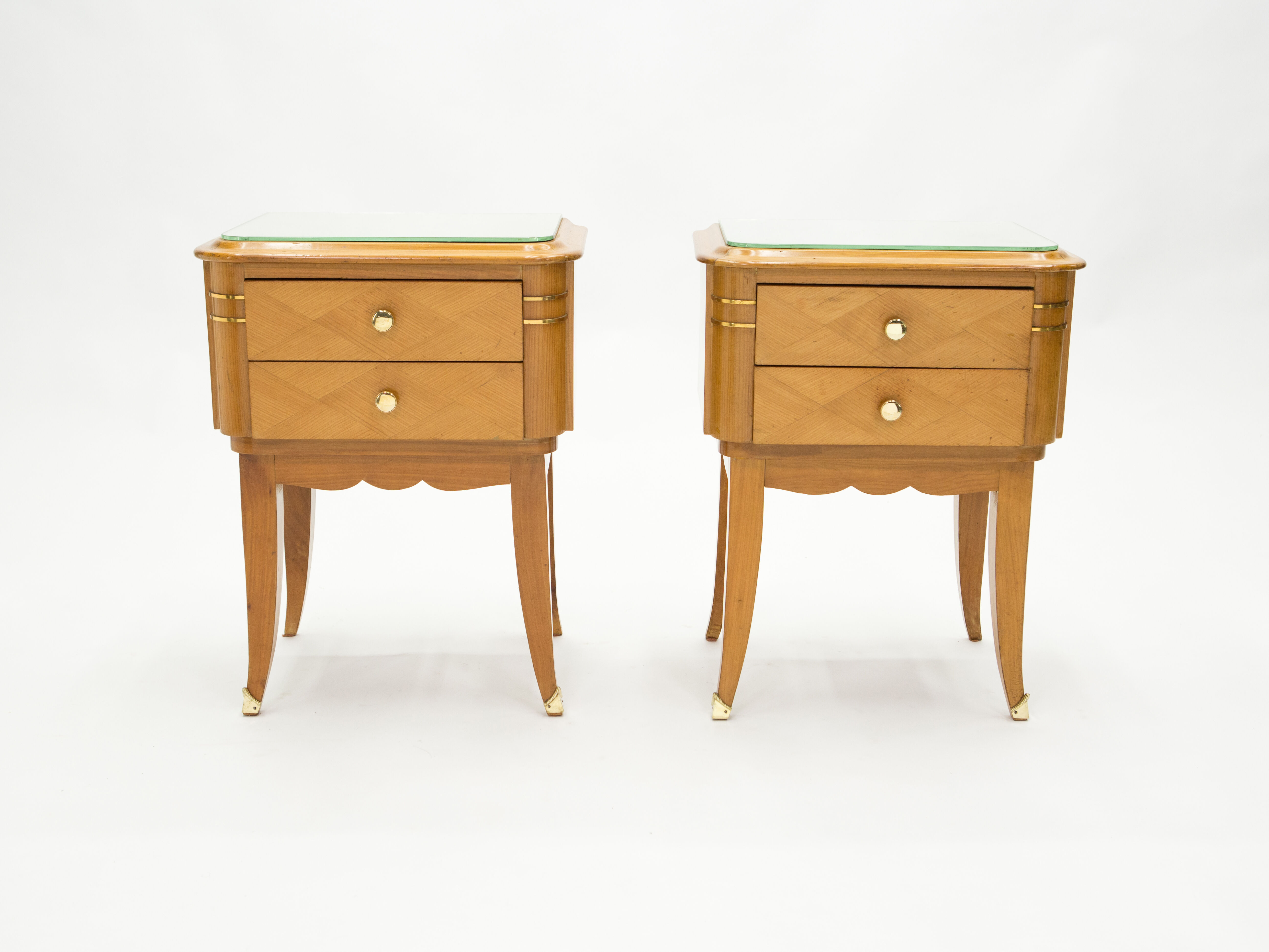 Pair of bedsides in sycamore brass mirror by Jean Pascaud 1940