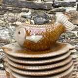Fish plates, dish and sauce boat, Italian barbotine, 1970