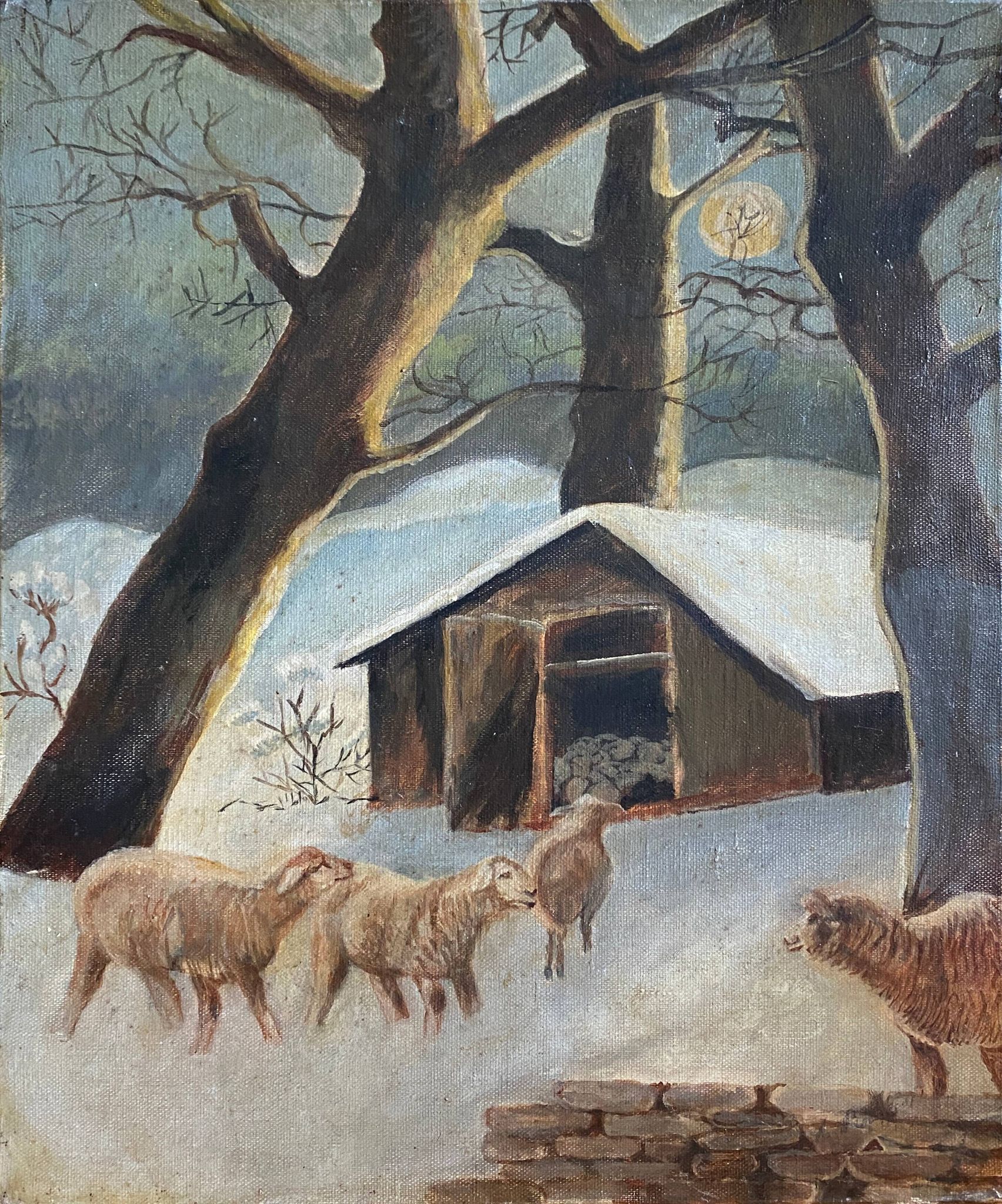 Painting "The sheepfold in winter" signed mid-XX° Sheep