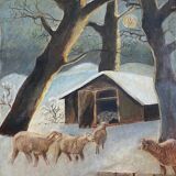 Painting "The sheepfold in winter" signed mid-XX° Sheep