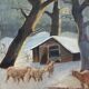Painting "The sheepfold in winter" signed mid-XX° Sheep