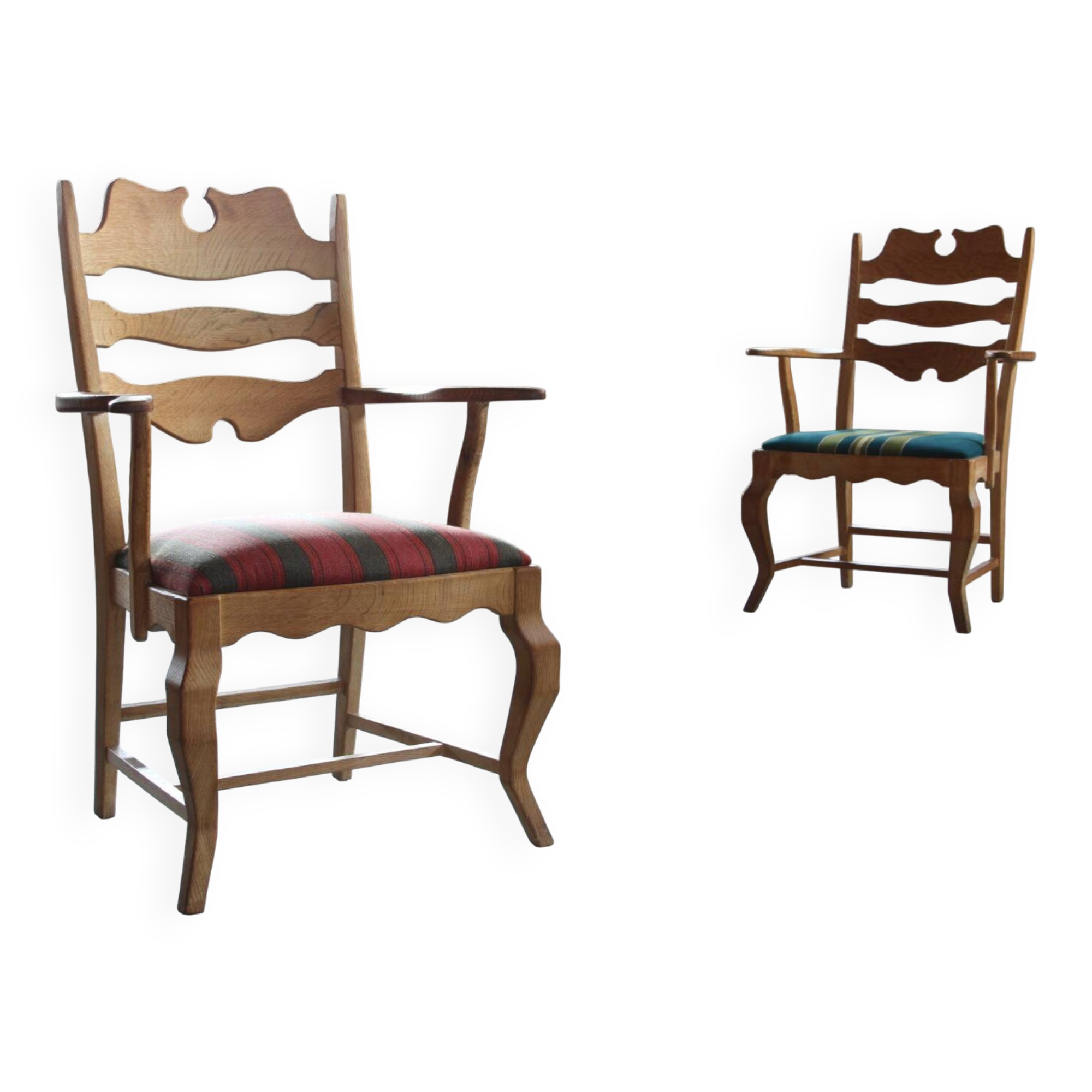 Vintage Brutalist Oak Razorblade Red Striped Armchair by H. Kjærnulf, 1960s