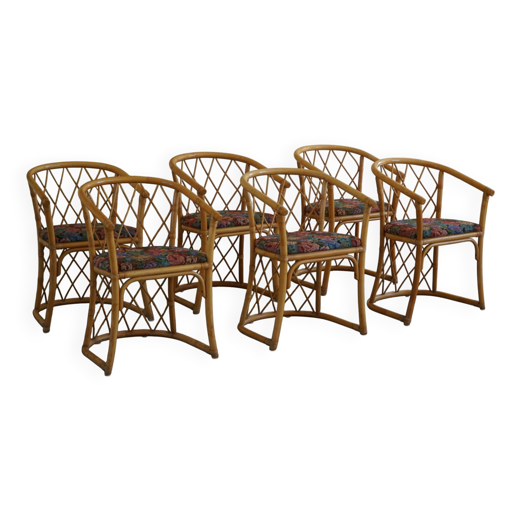 Set of 6 sculptural vintage bamboo dining chairs, modern Danish design, made in the 1960s.