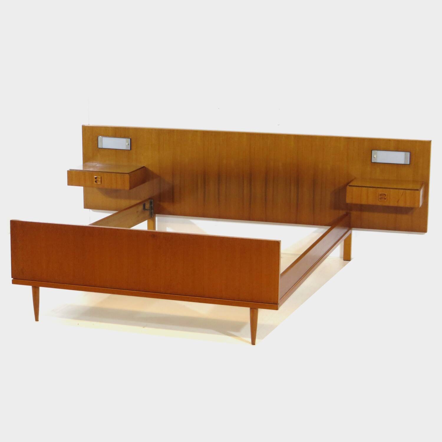 Vintage mid century double bed in teak + floating nightstands & lighting