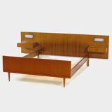 Vintage mid century double bed in teak + floating nightstands & lighting