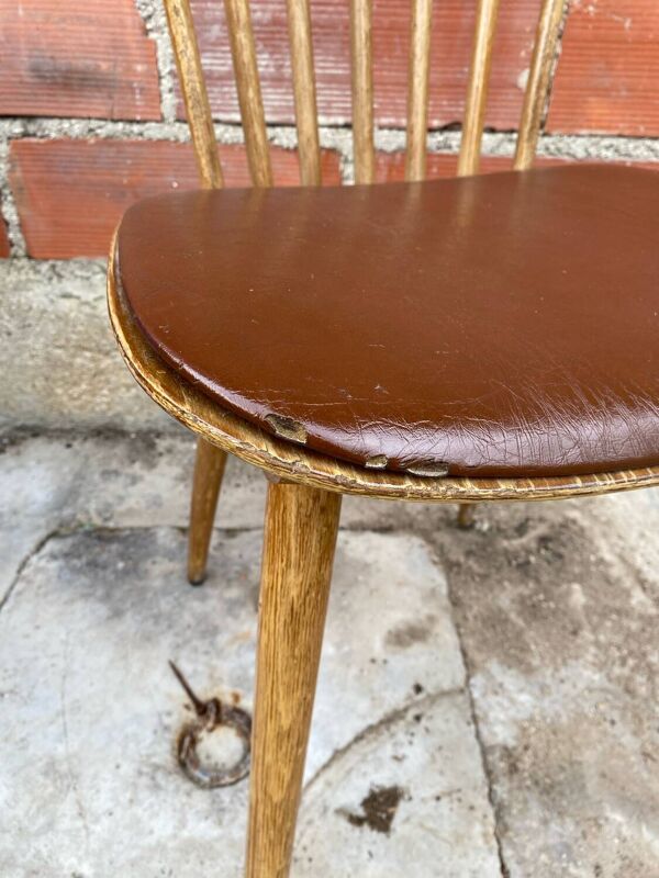 Chaise ancienne baumann western bois + assise skaï marron vintage