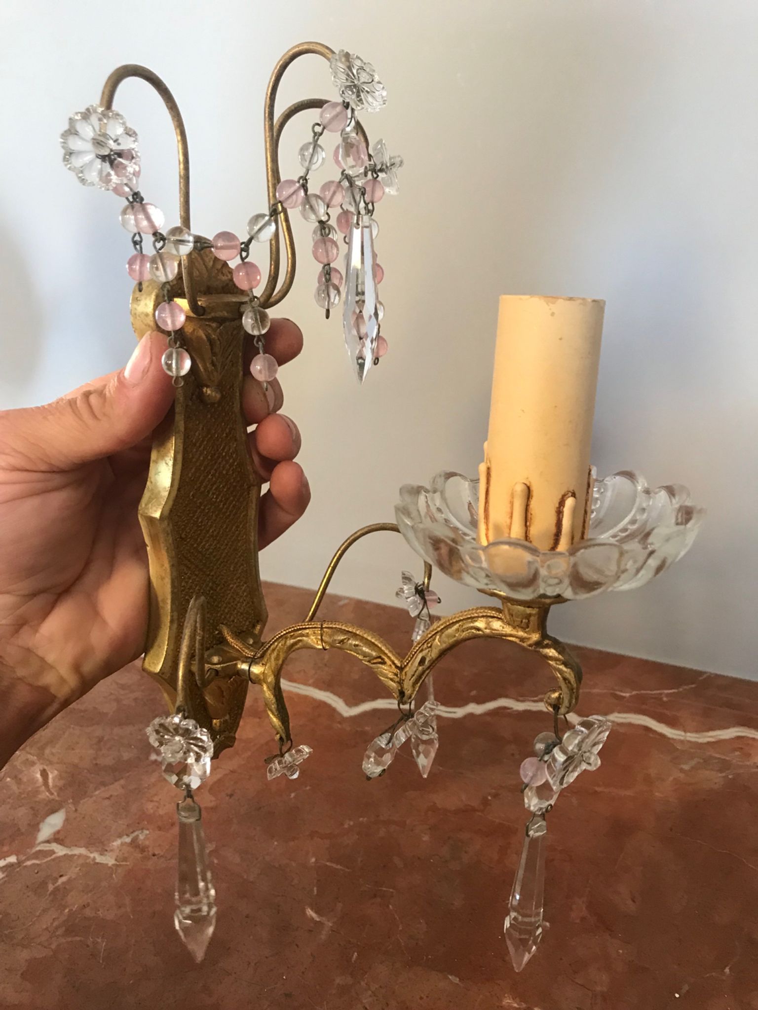 Pair of glass wall sconces with crystal drops