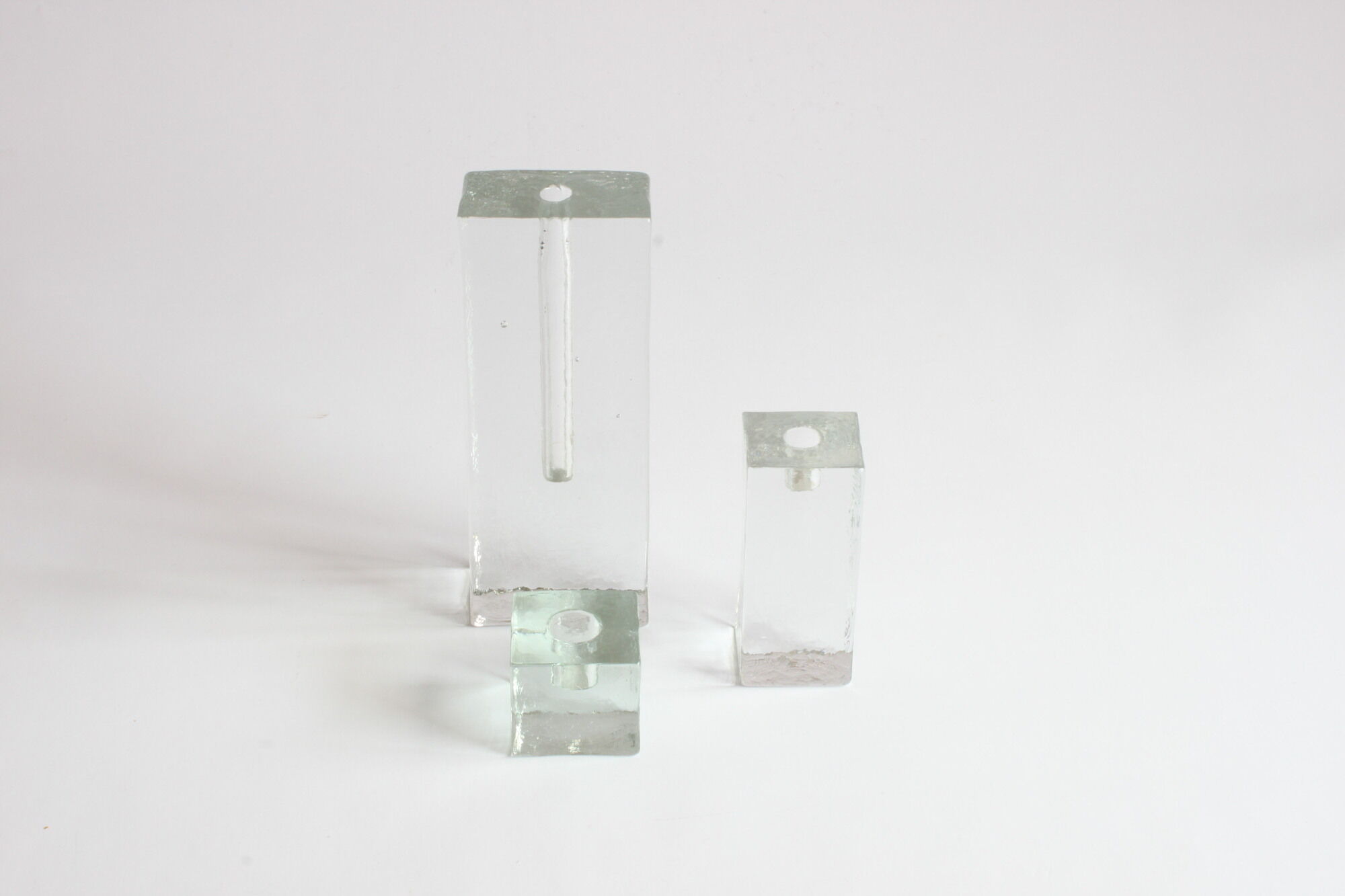 Glass block candlesticks and solifleur vase by Walther glass, Germany 1960s.