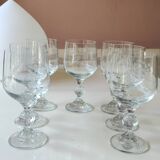 Set of 7 crystal stemmed glasses. Frosted wheat ear motifs. Art Deco