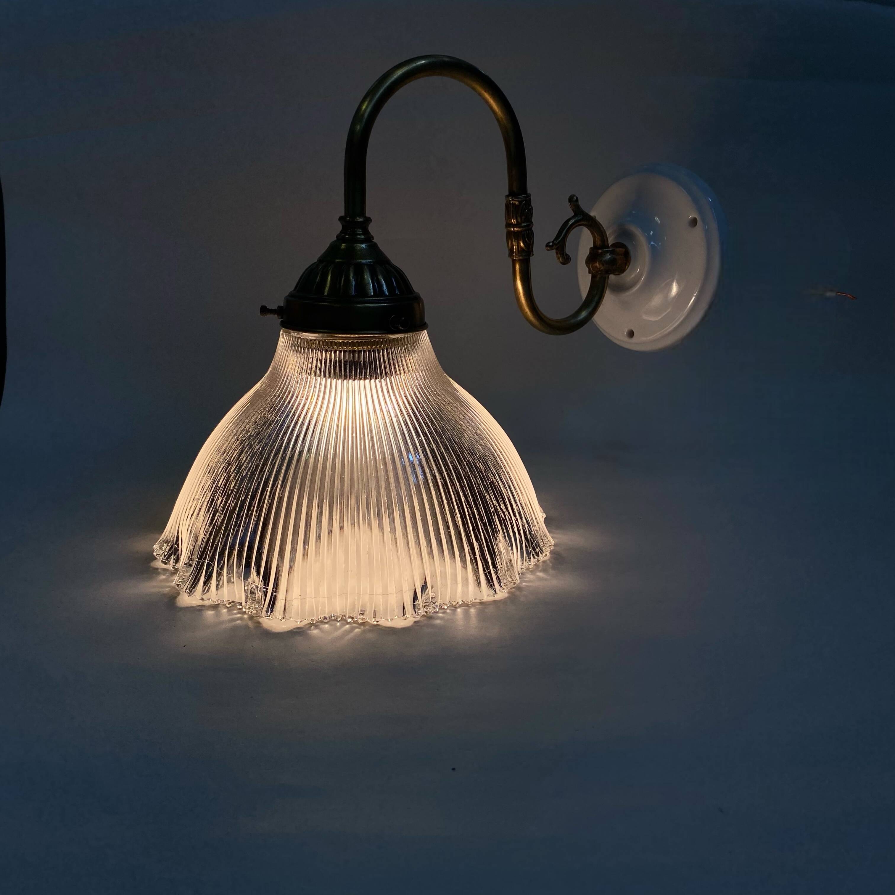 Swan neck wall light, brass, glass, holophane type, porcelain fixing