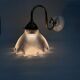 Swan neck wall light, brass, glass, holophane type, porcelain fixing
