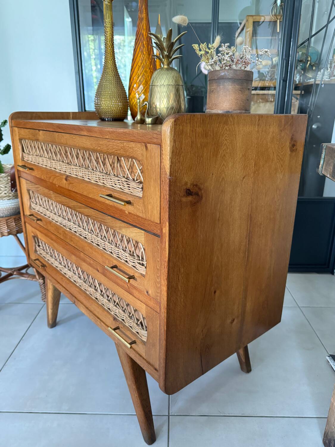 Old vintage wooden and rattan chest of drawers