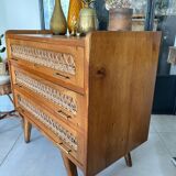 Old vintage wooden and rattan chest of drawers