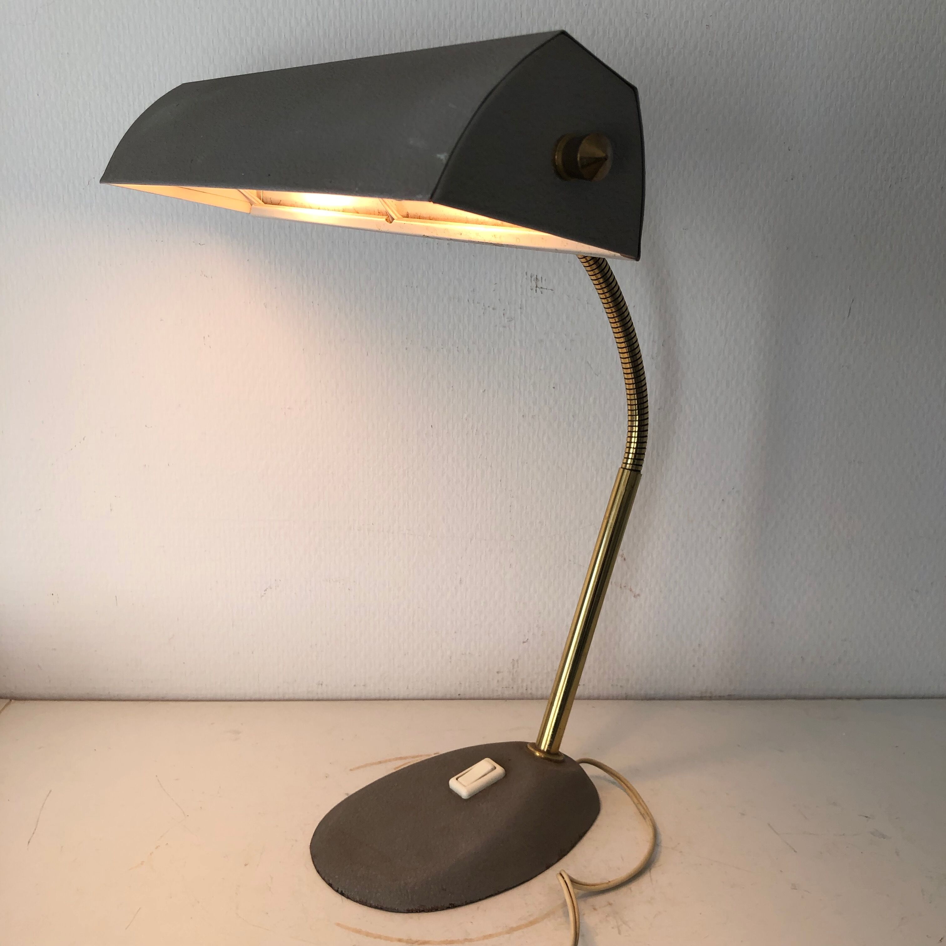 Vintage 1960 40cm grey cement Aluminor banker lamp