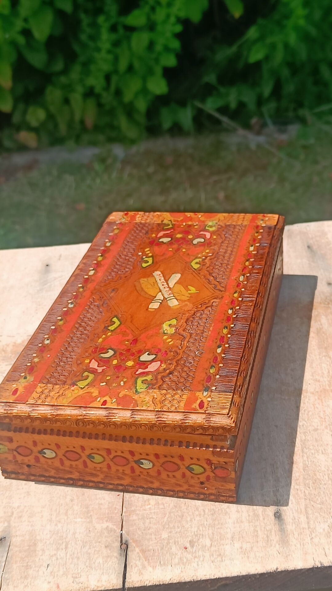 Bulgarian wooden cigarette box, pyrographed and hand-painted.