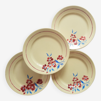 Set of 4 flat plates floral decoration half-porcelain model Tunis Badonviller France vintage