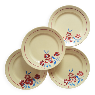 Set of 4 flat plates floral decoration half-porcelain model Tunis Badonviller France vintage