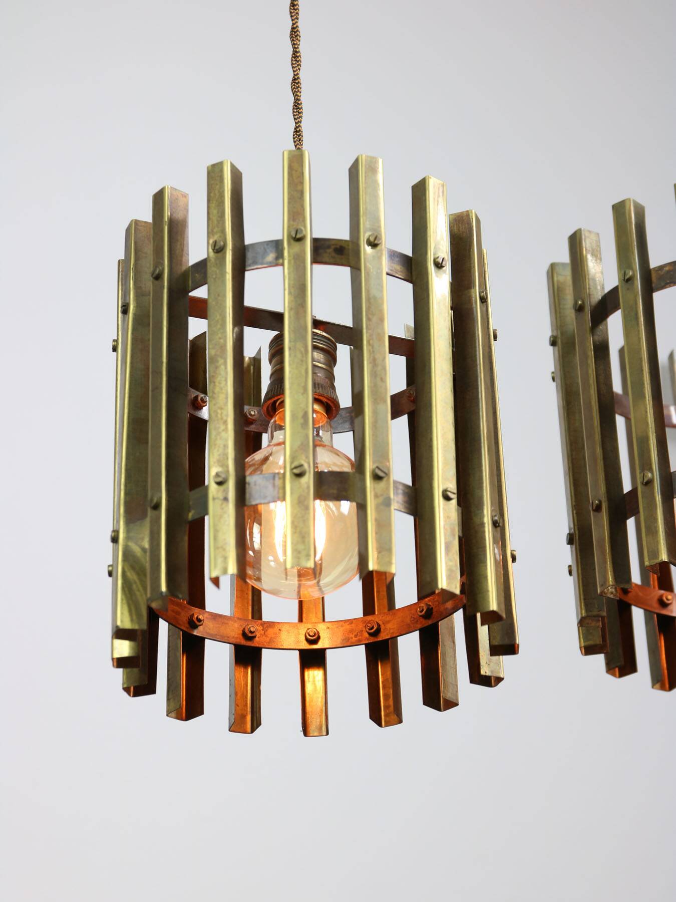 Vintage Italian Brass Cage Pendant Lamp, 70s