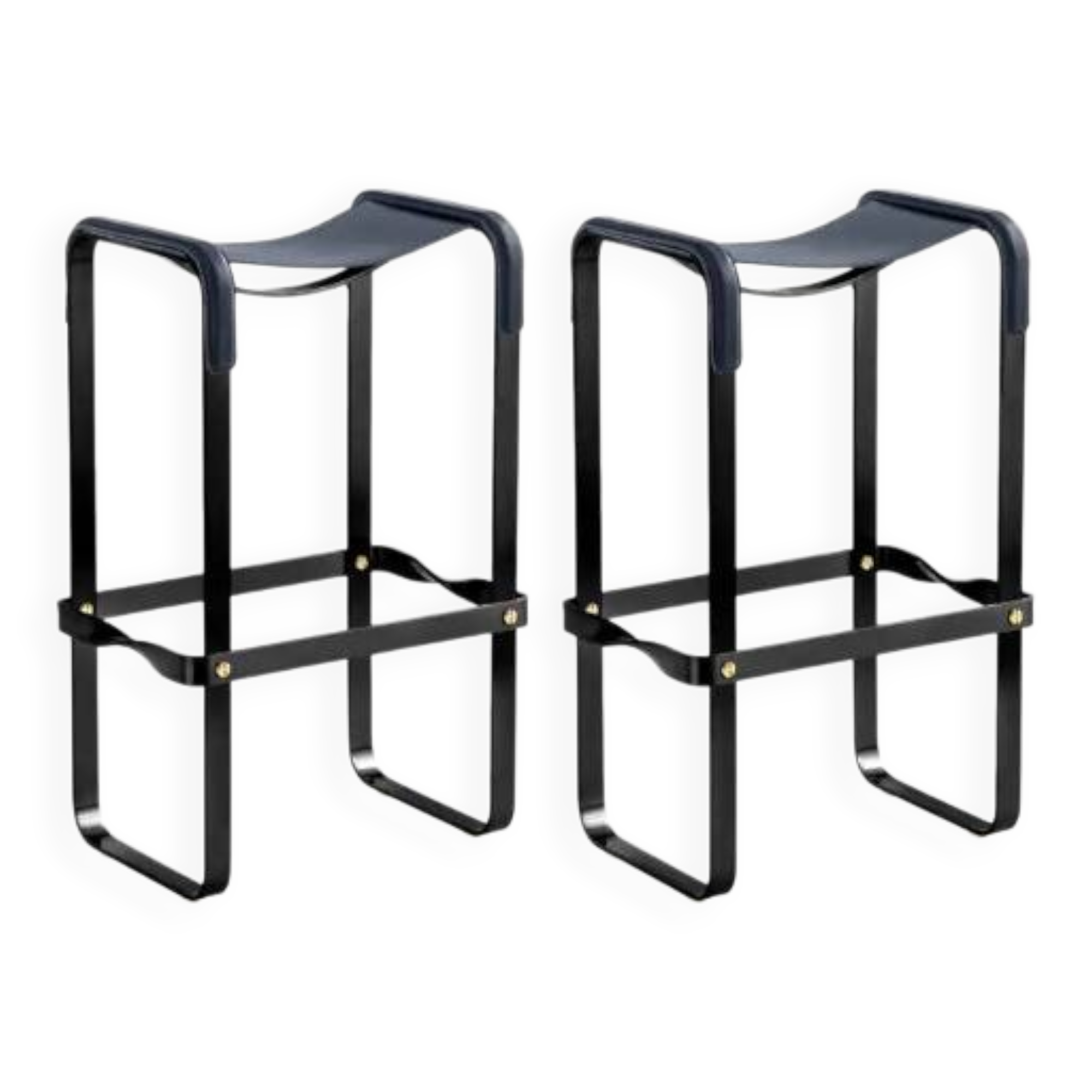 Pair of blue and black metal stools without a backrest.
